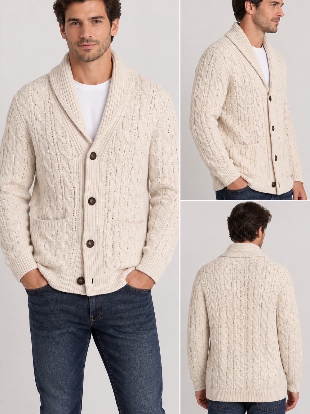 Lucky Brand Men's Cable Shawl Collar Cardigan - Cream